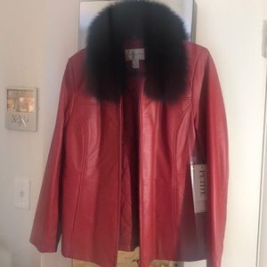 Genuine leather jacket with fox fur collar